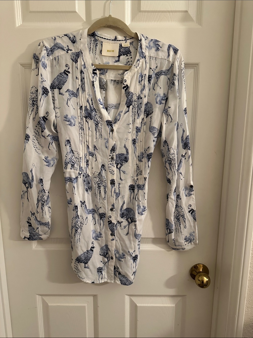 White & Navy Printed Button-Front Blouse